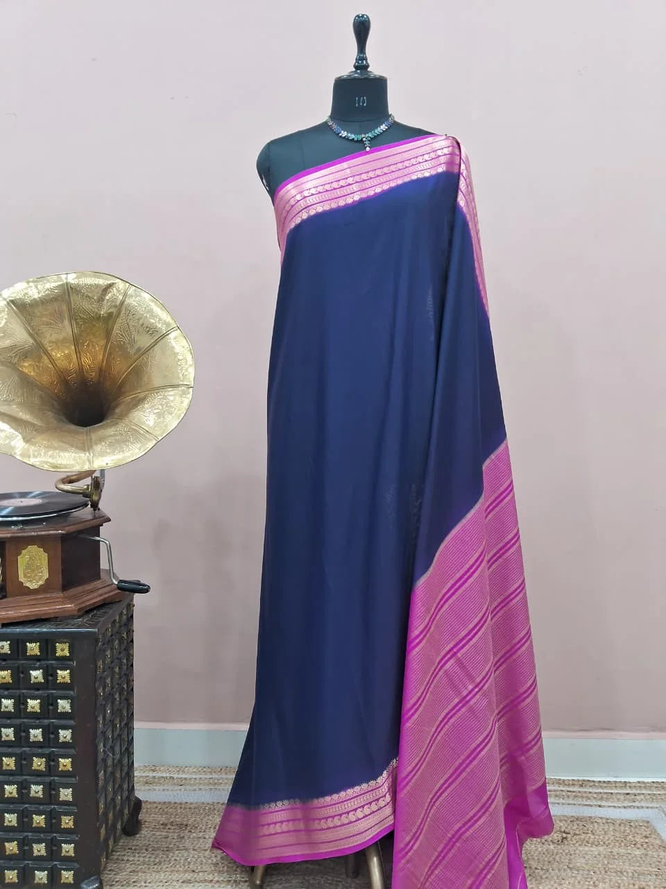 Dark Indigo Blue Mysore Crepe Semi Silk Saree