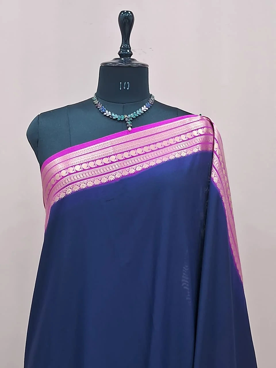 Dark Indigo Blue Mysore Crepe Semi Silk Saree 1