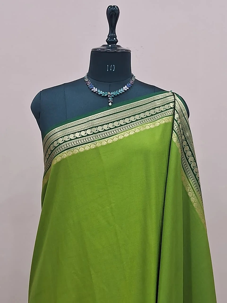 Parrot Green Mysore Crepe Semi Silk Saree 1