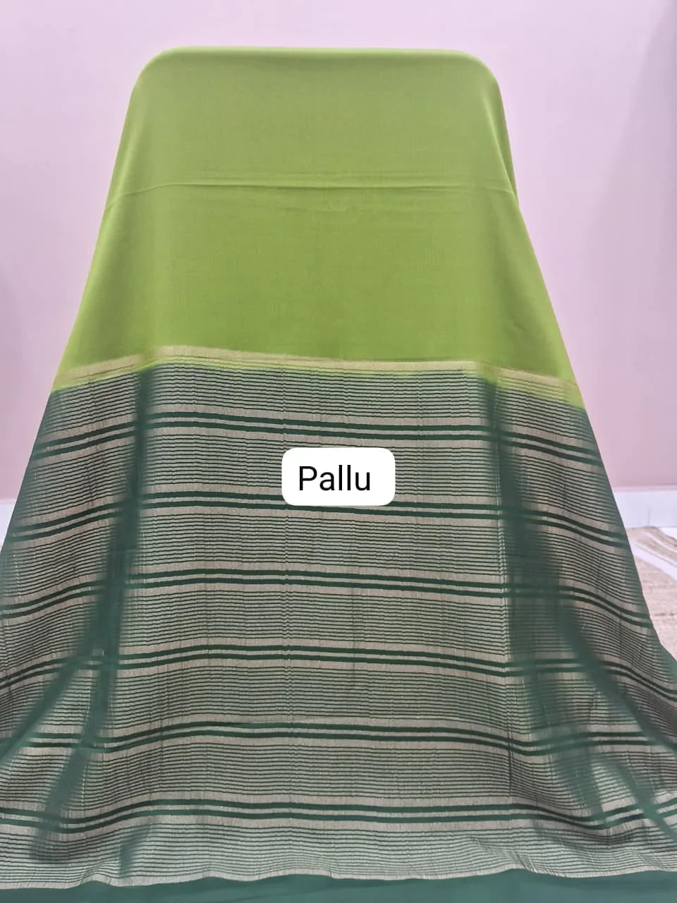 Parrot Green Mysore Crepe Semi Silk Saree pallu