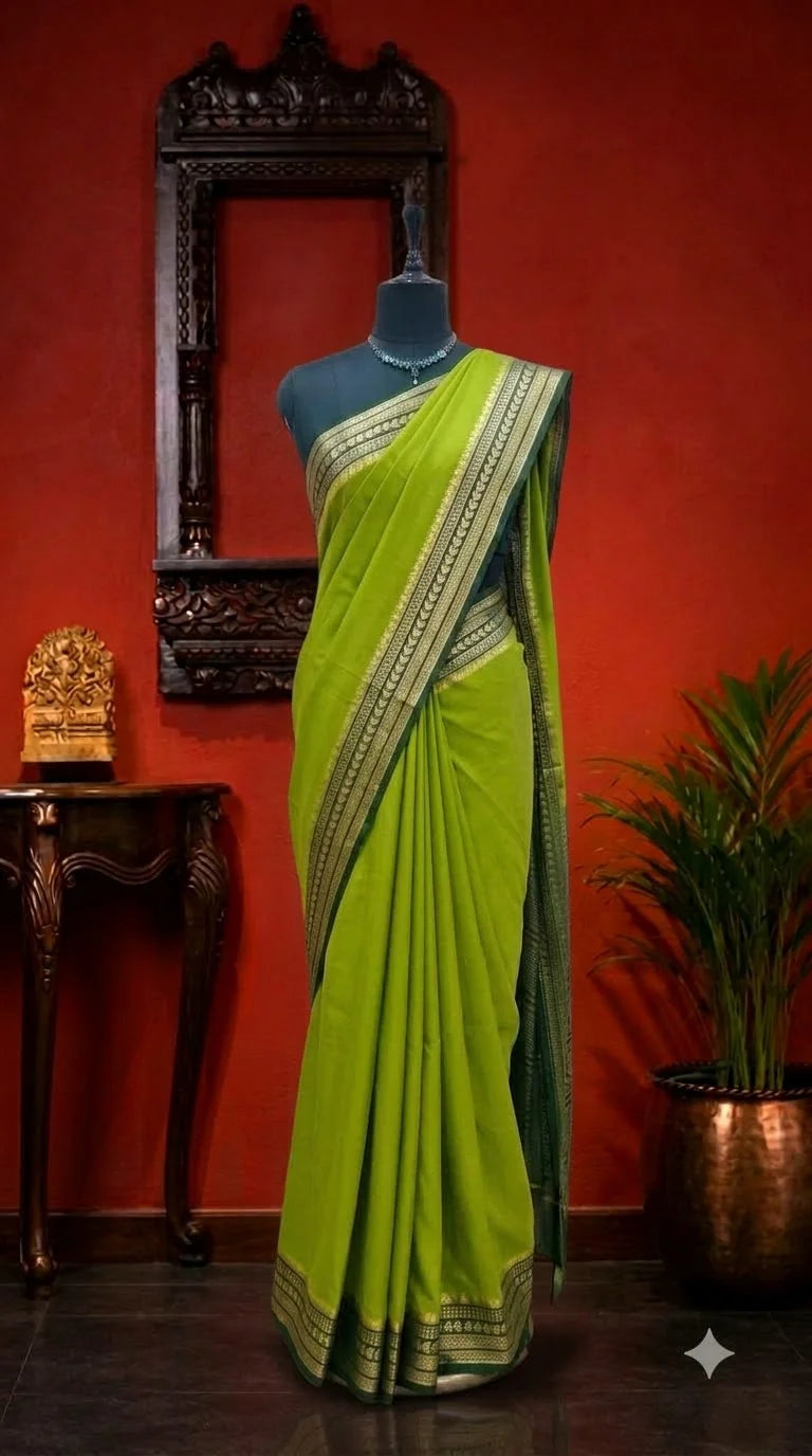 Parrot Green Mysore Crepe Semi Silk Saree