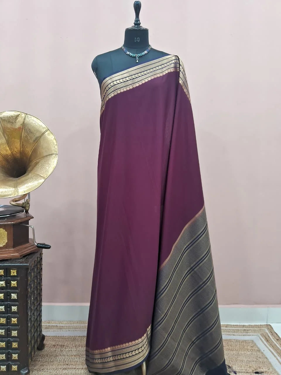 Dark Wine Mysore Crepe Semi Silk Saree 