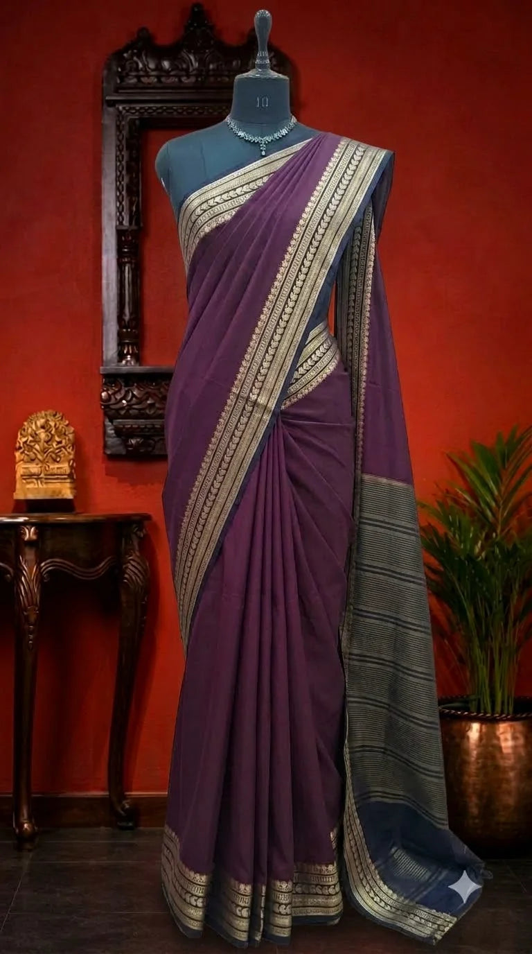 Dark Wine Mysore Crepe Semi Silk Saree 