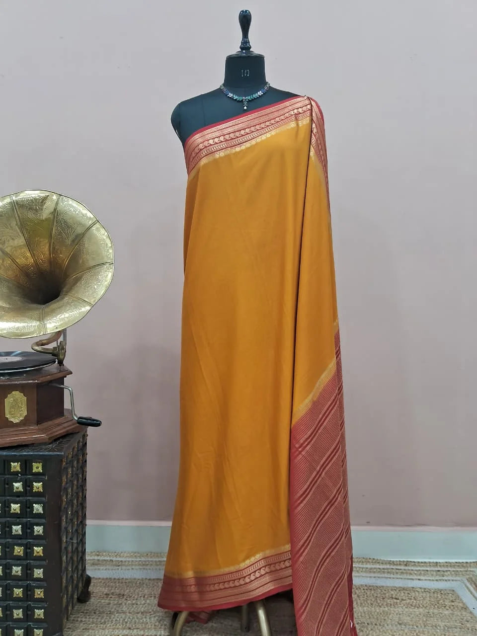 Mango Yellow Mysore Crepe Semi Silk Saree