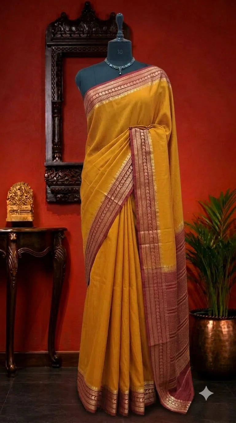 Mango Yellow Mysore Crepe Semi Silk Saree