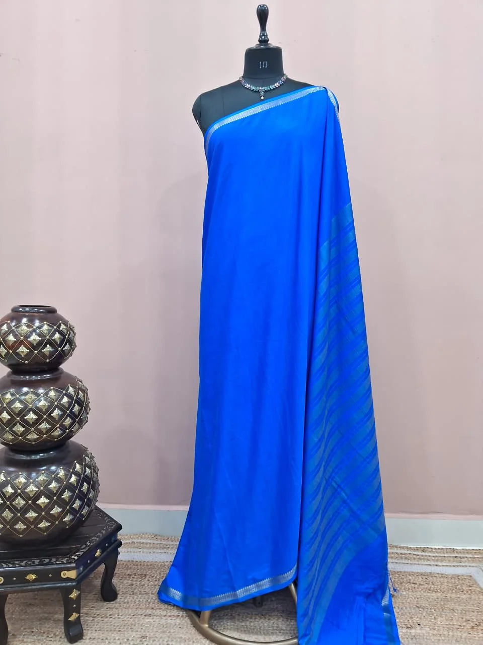 Ocean Blue Mysore Crepe Semi Silk Saree 