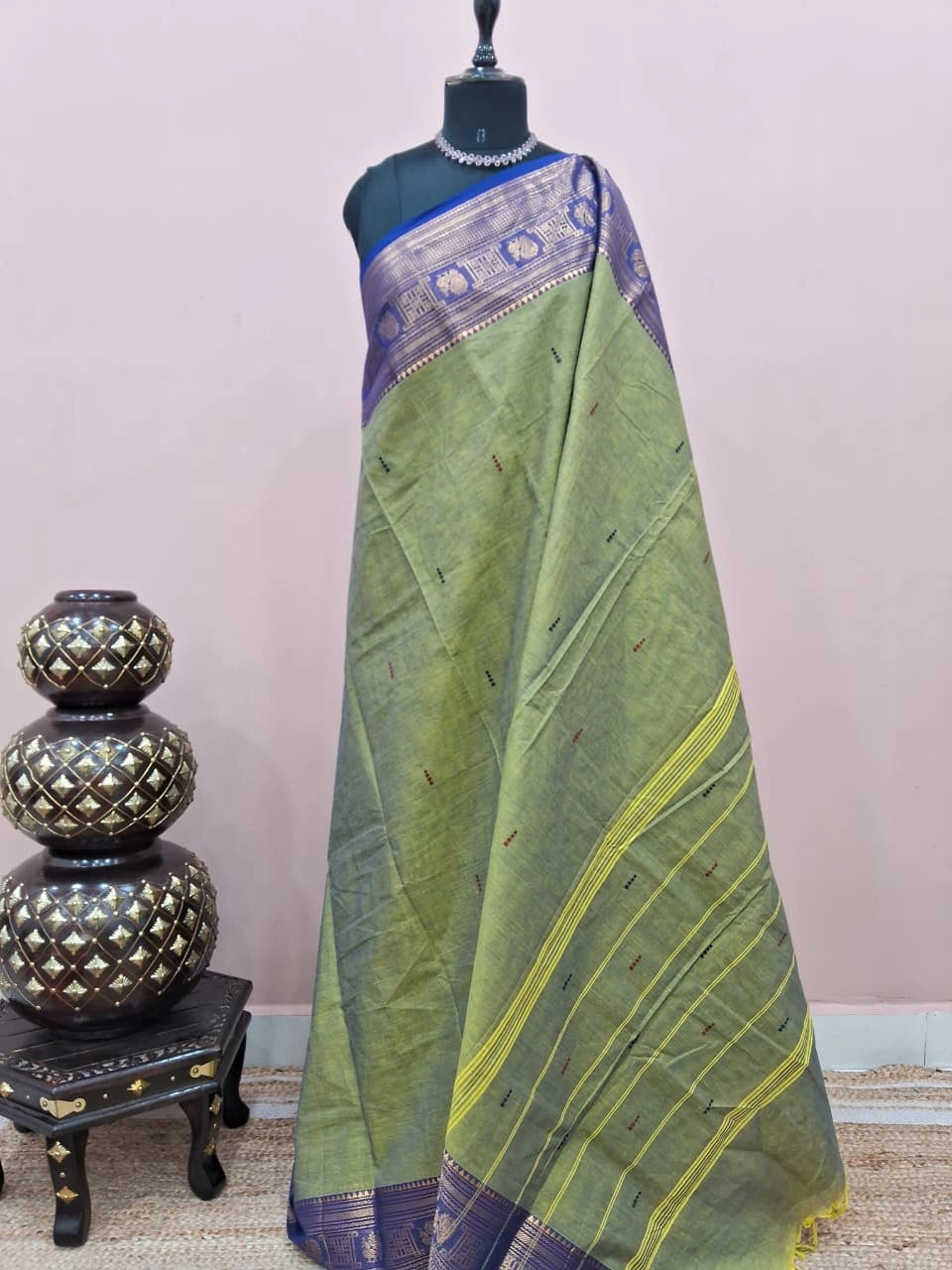 Olive green Chettinad cotton saree