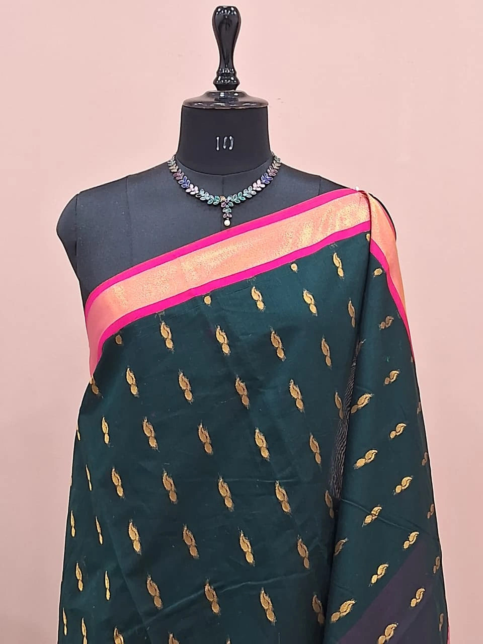 Dark Bottle Green Chettinad Silk Cotton Saree 1