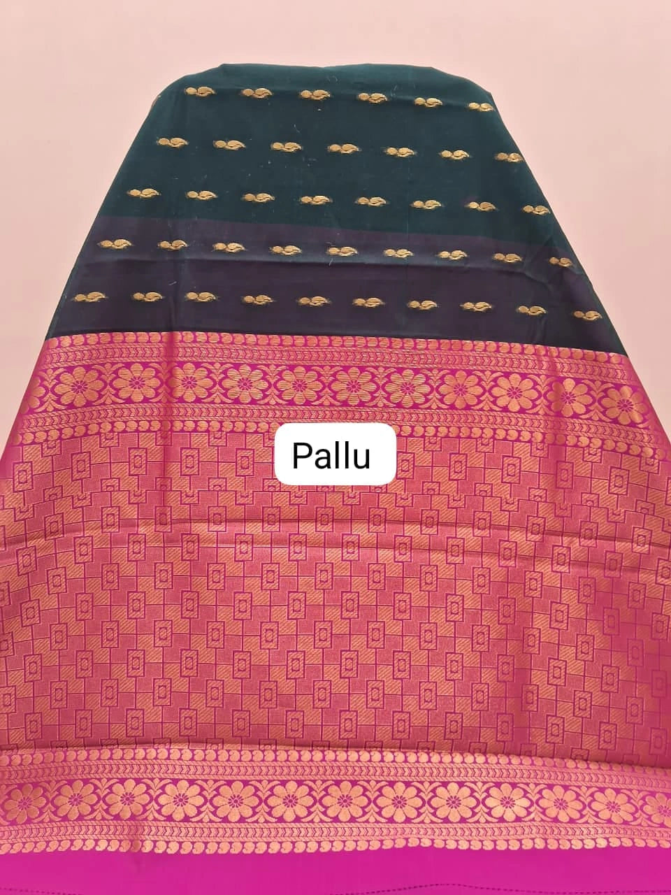 Dark Bottle Green Chettinad Silk Cotton Saree pallu