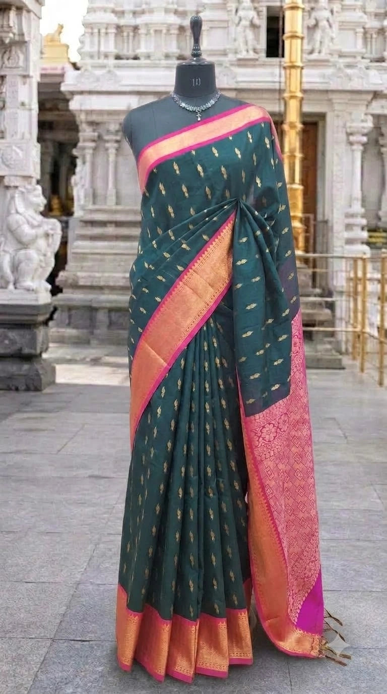 Dark Bottle Green Chettinad Silk Cotton Saree