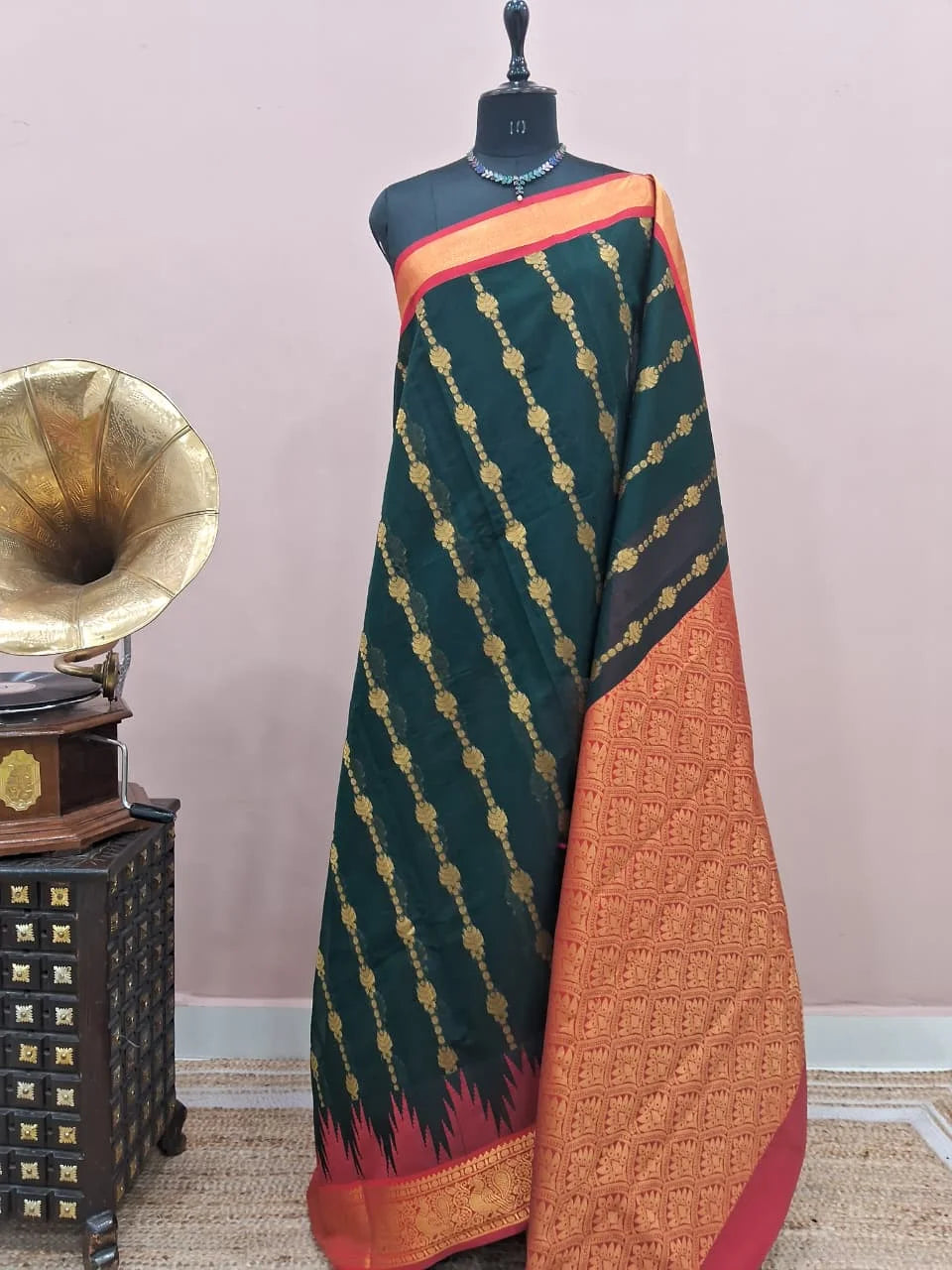 Dark Bottle Green Chettinad Silk Cotton Saree