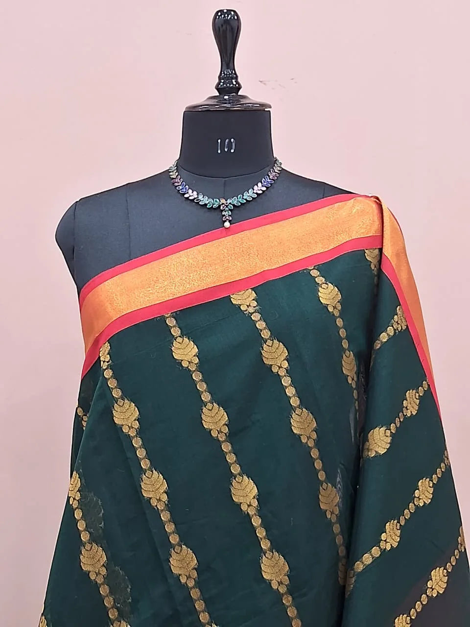 Dark Bottle Green Chettinad Silk Cotton Saree 1