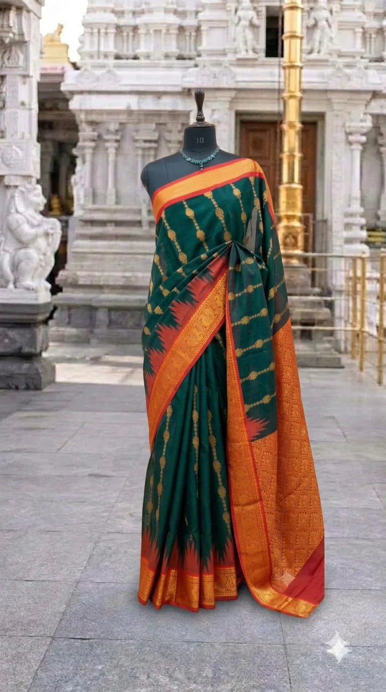 Dark Bottle Green Chettinad Silk Cotton Saree