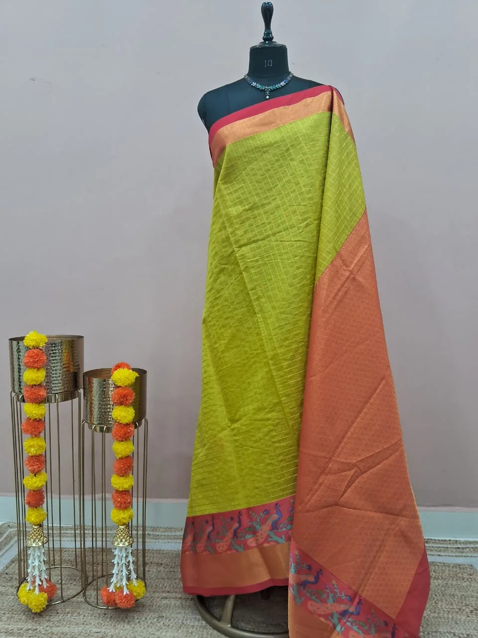 Parrot Green Chettinad Silk Cotton Saree