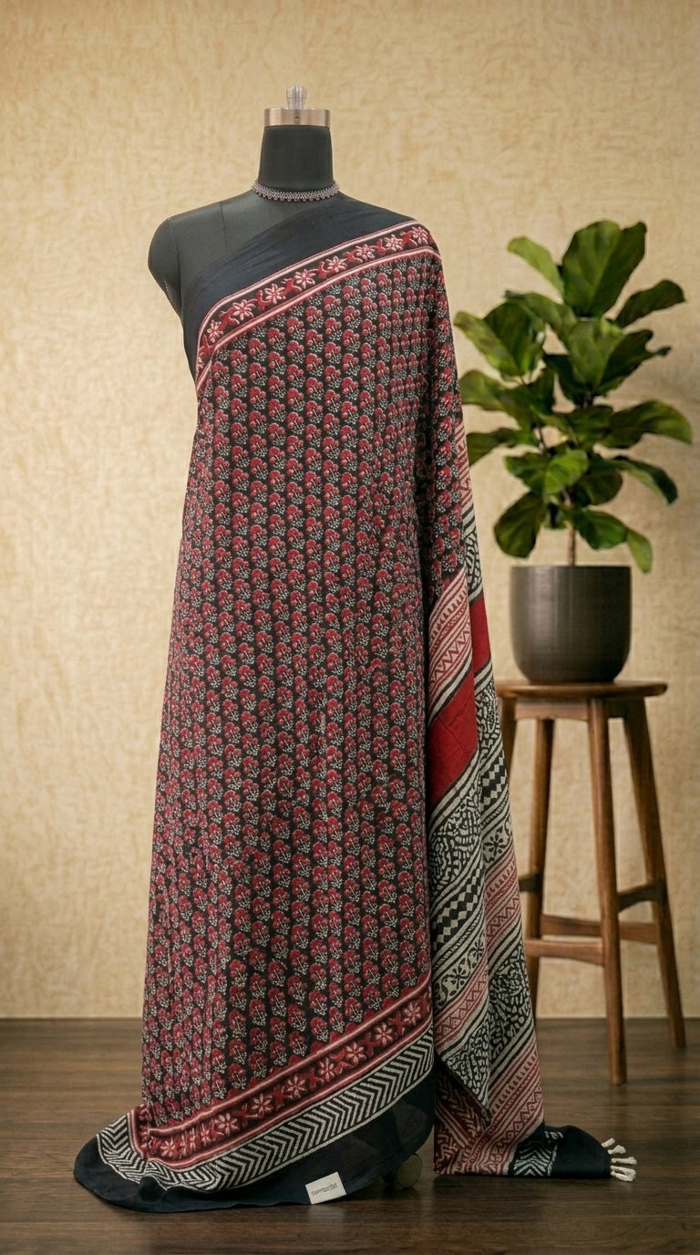 Elegant Maroon & Black Handblock Printed Mulmul Cotton Saree