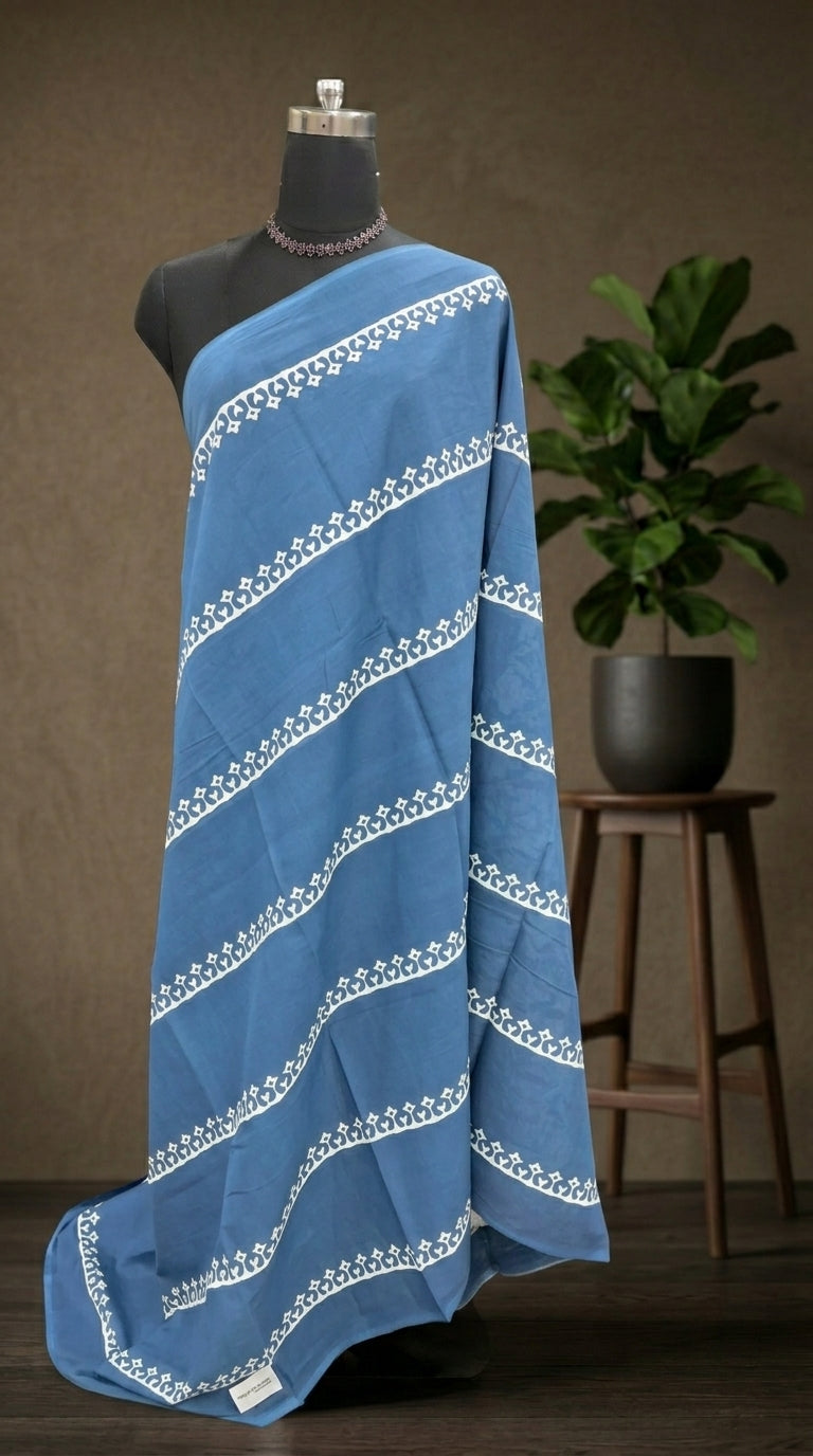 French Navy Floral stripe mulmul Cotton Saree