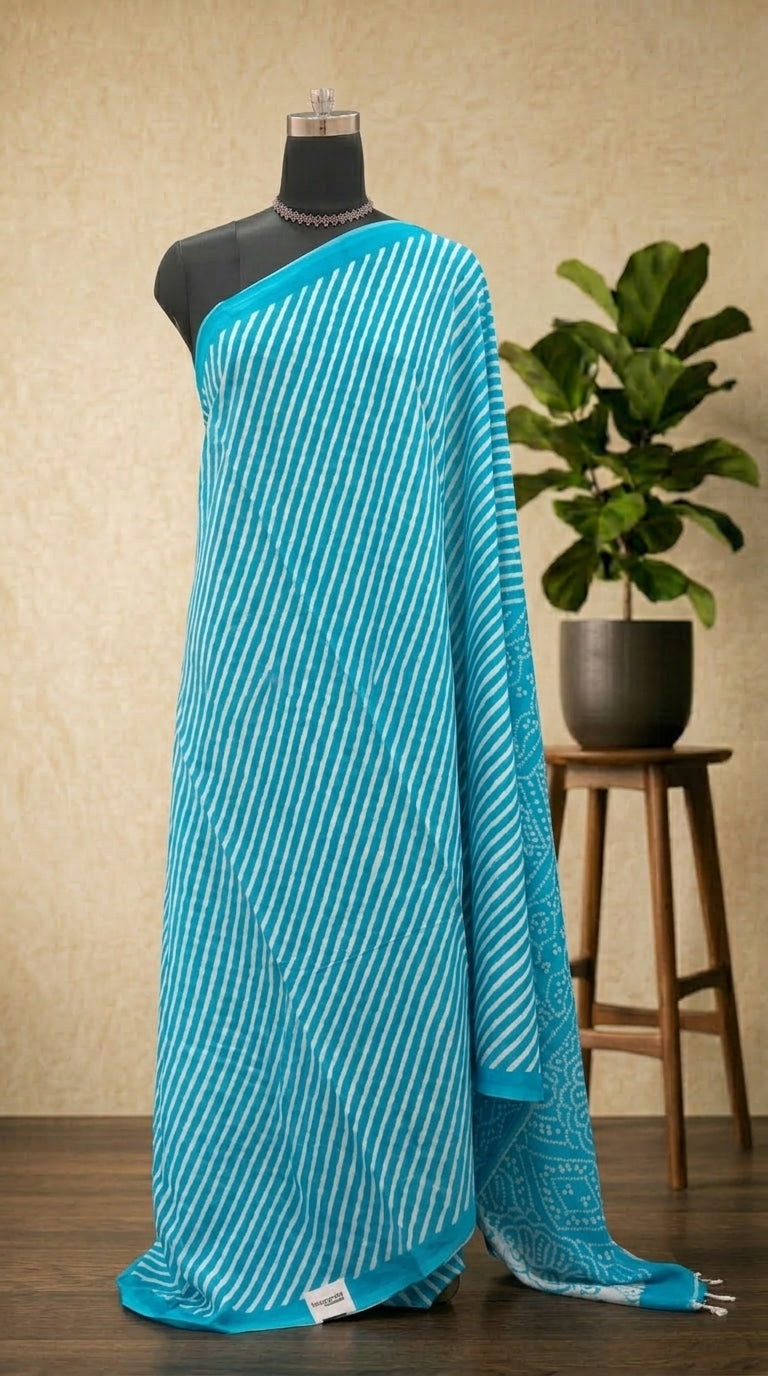 Regal Sky Blue bandhini  Mulmul cotton Saree