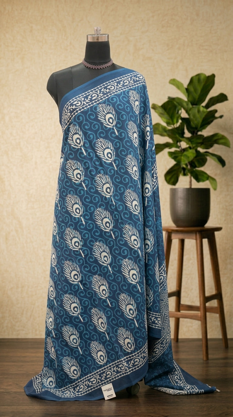 Indigo and White Ajrakh Printed Mulmul cotton Saree