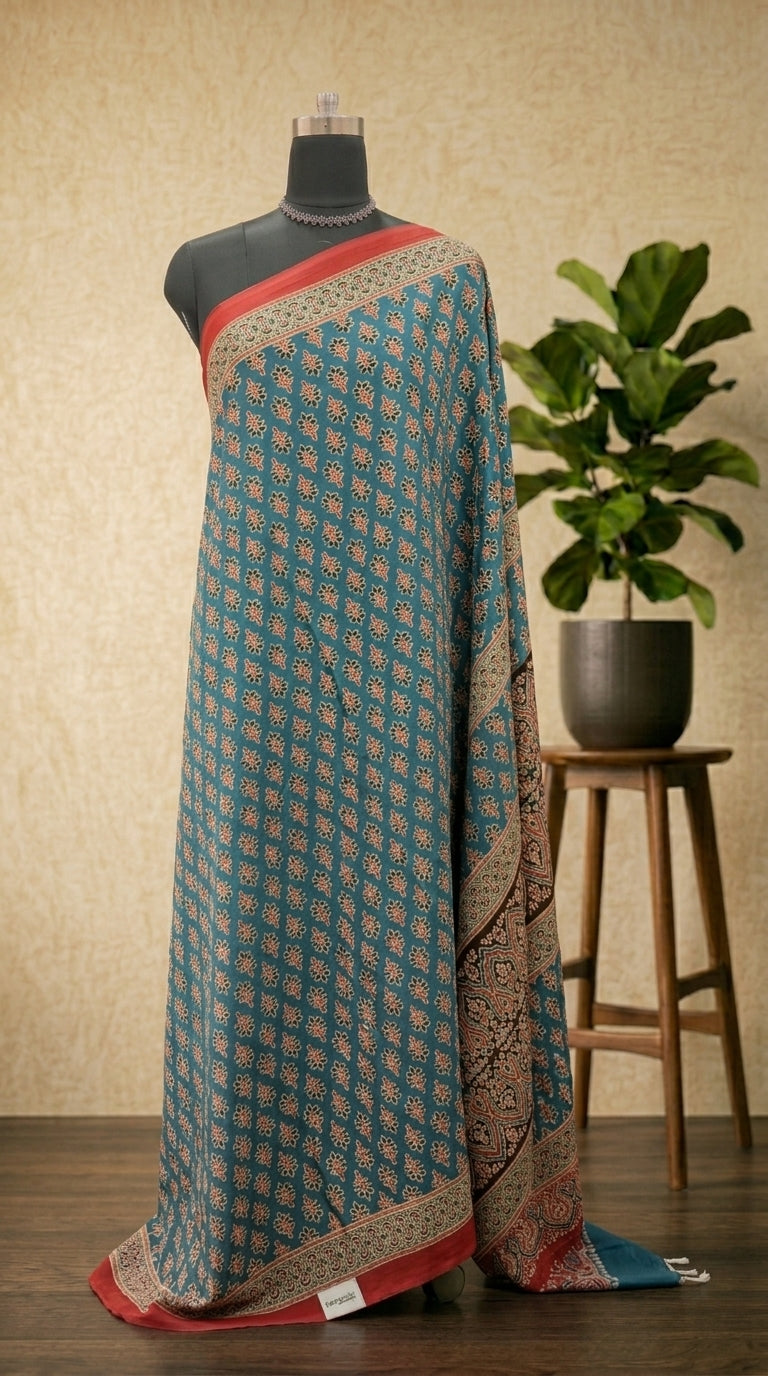 Teal and Crimson Mulmul cotton Saree