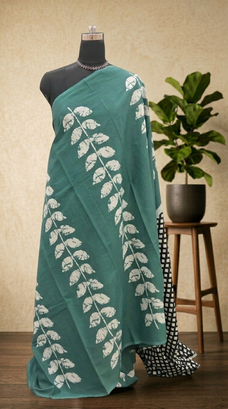 Traditional Teal Blue Mulmul Cotton Saree