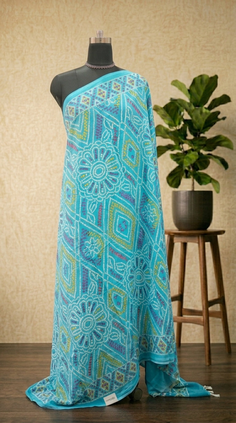 Aqua Breeze Geometric Print Mulmul cotton Saree
