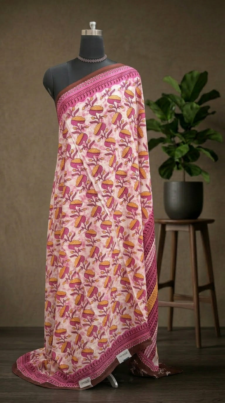 Elegant Pink and White mulmul cotton Saree