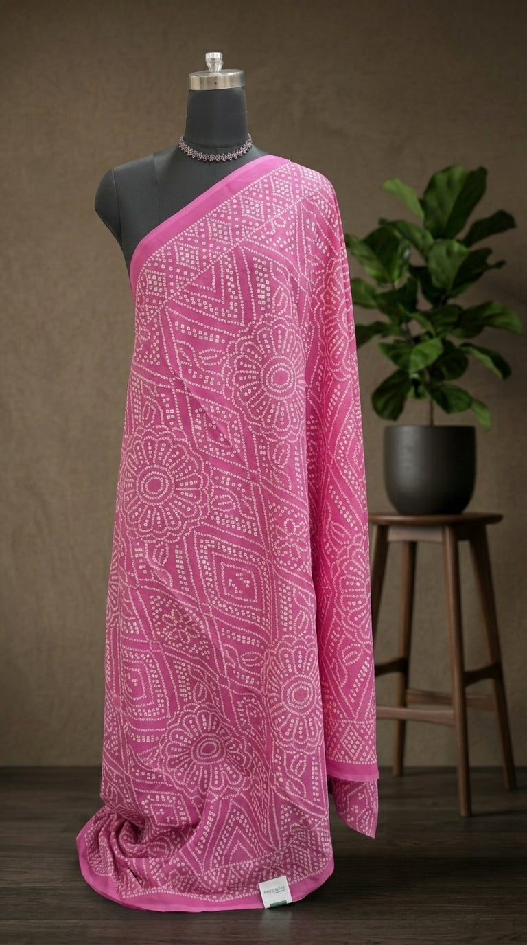 Vibrant Pink & White Printed Mulmul Cotton Saree