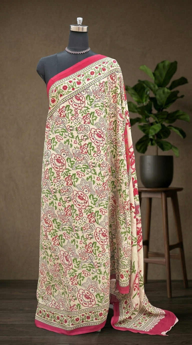 Cream Mulmul Cotton Saree with Red-Green Floral Block Print