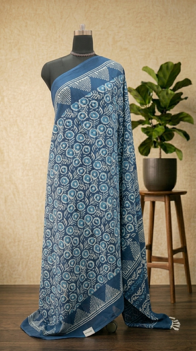 Handcrafted Blue & White Mulmul Cotton Saree
