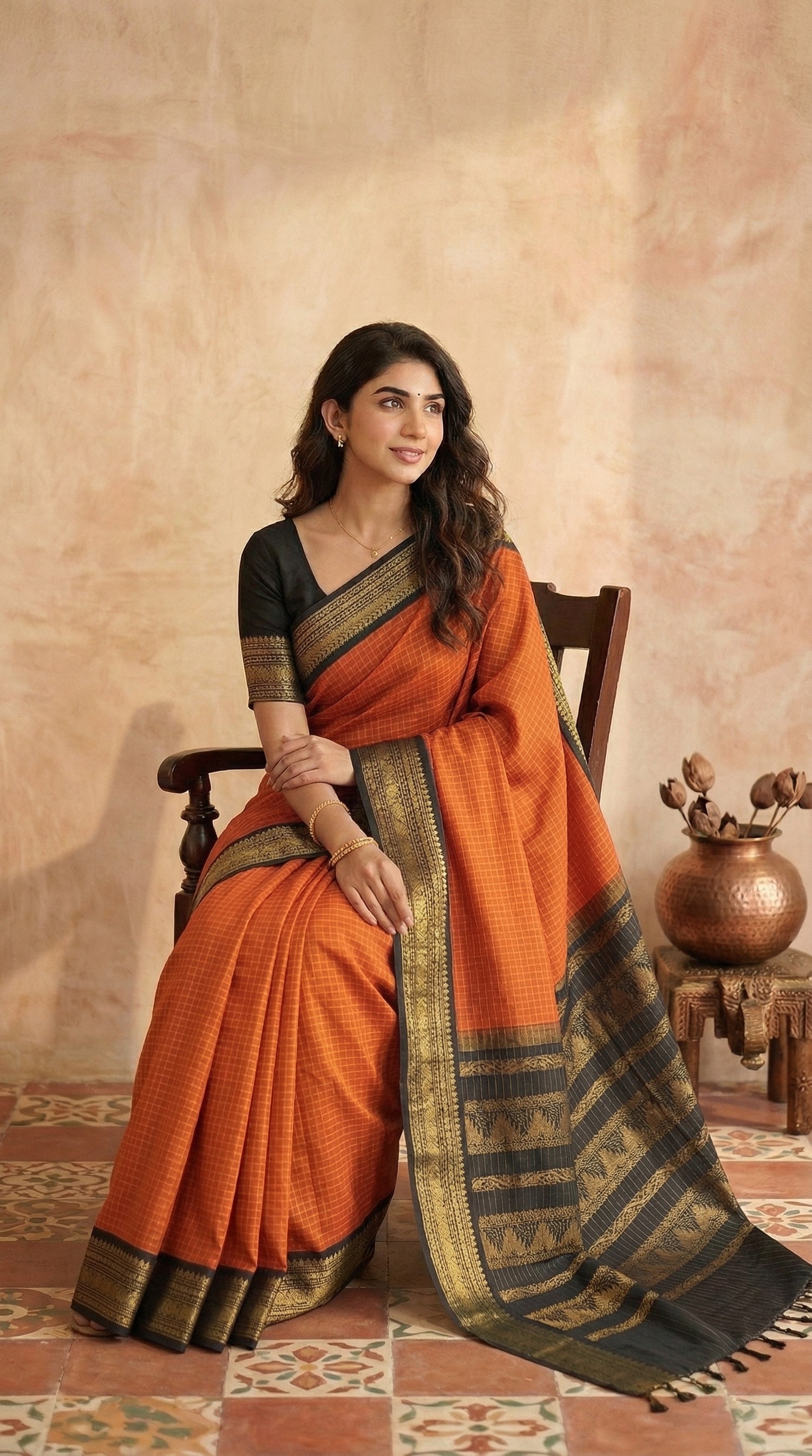 Festive Elegance Dark Orange Kalyani Cotton Saree