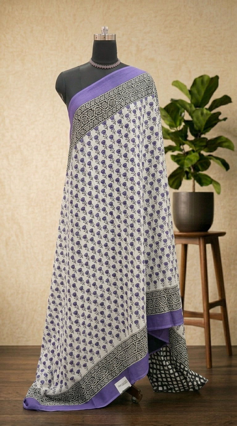 Elegant White, Black & Purple Printed Mulmul cotton Saree