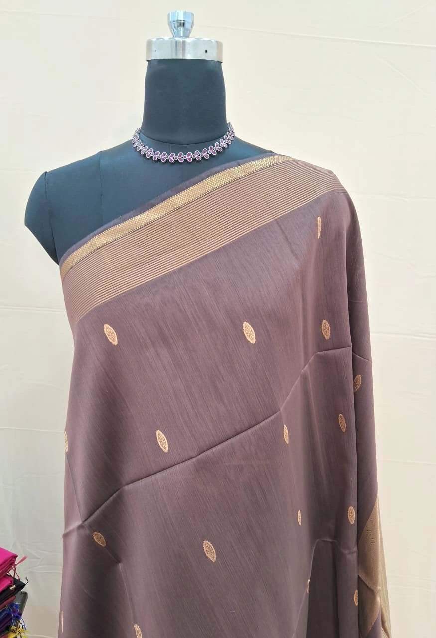 Chocolate Brown Pure Maheshwari Silk Saree 1