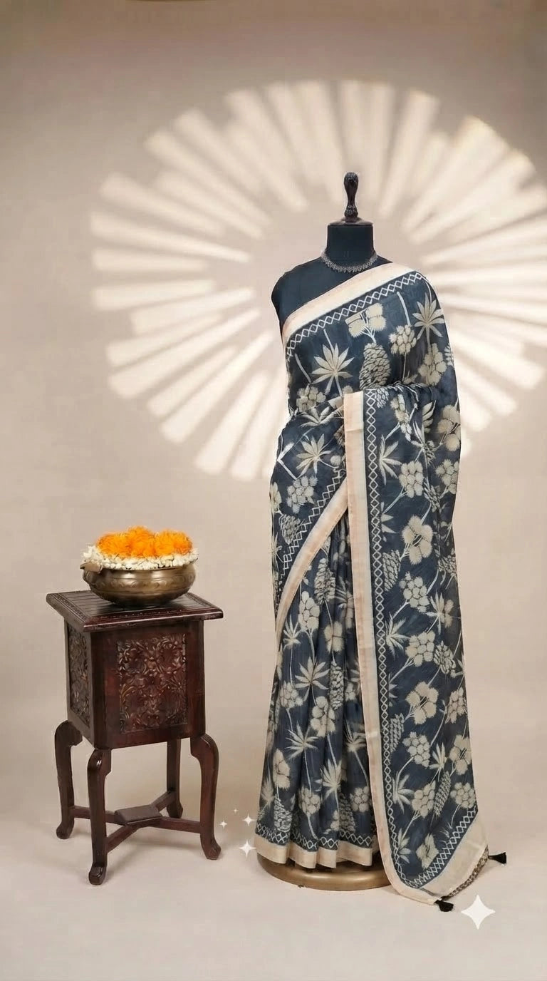 Dark Ink Blue Chandheri Saree 