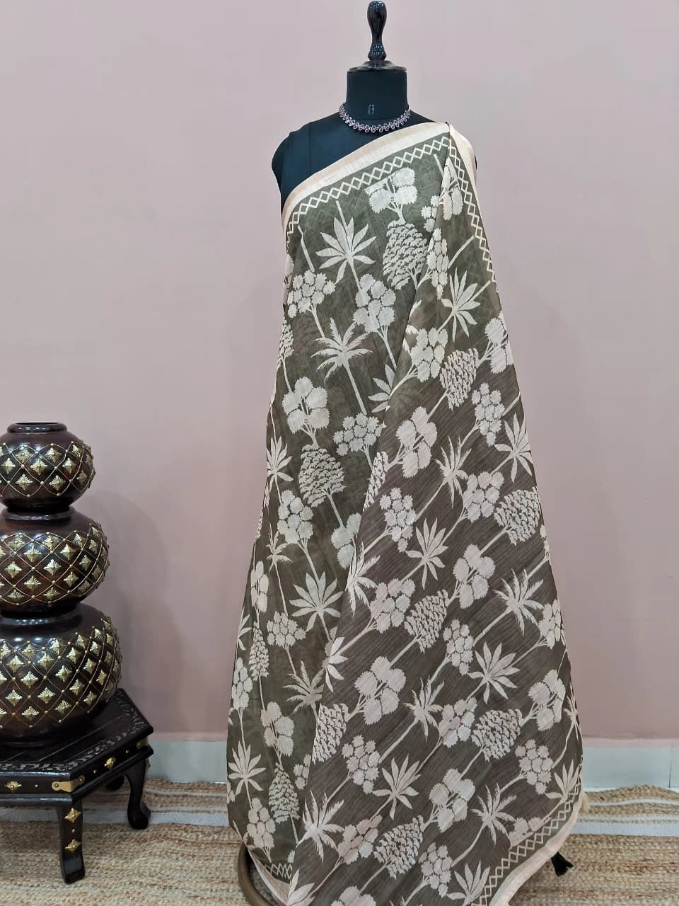 Light olive green Chandheri saree 