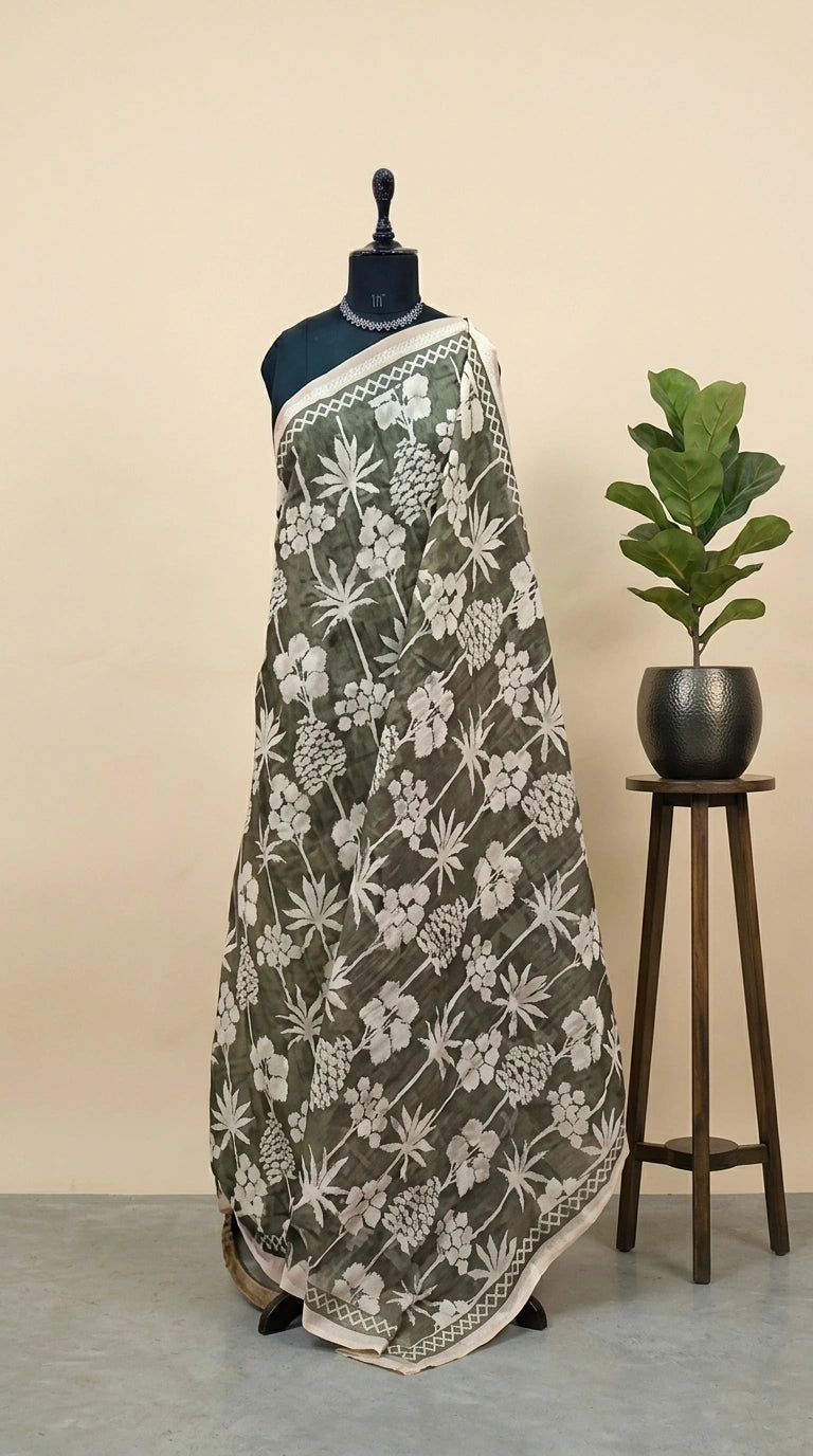 Light olive green Chandheri saree 