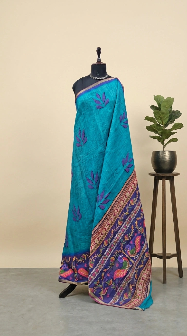 Teal Blue Chandheri saree