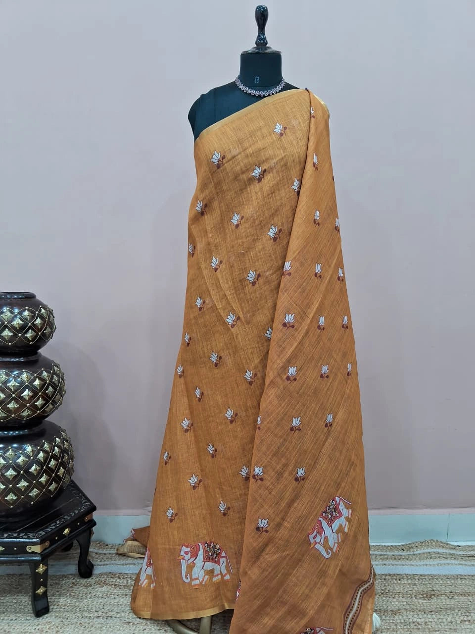 Mustard Yellow Chandheri Saree 
