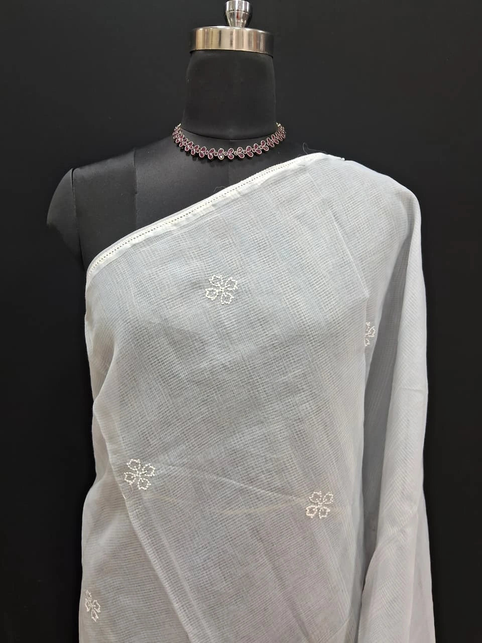 Elegant Embroidered Grey Kota Saree 