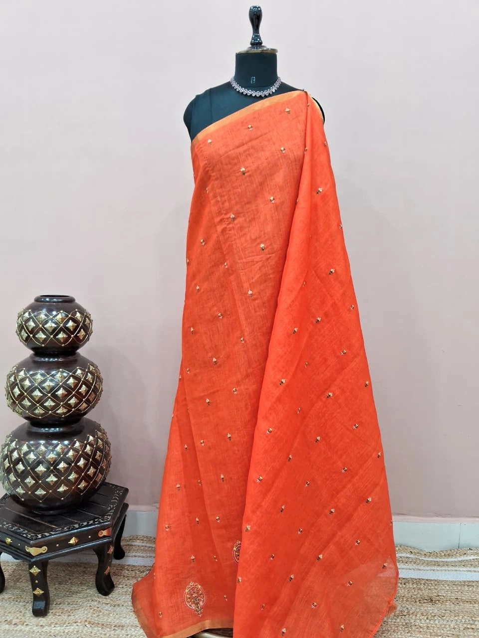 Orange Linen Saree 