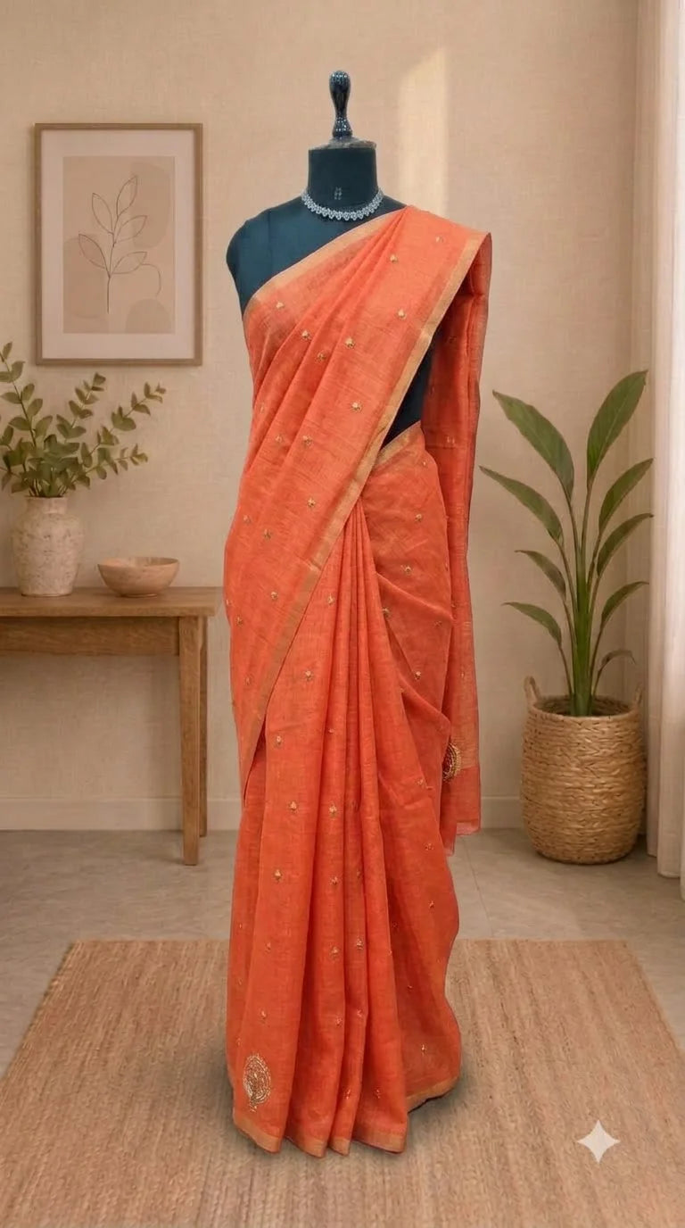 Orange Linen Saree 