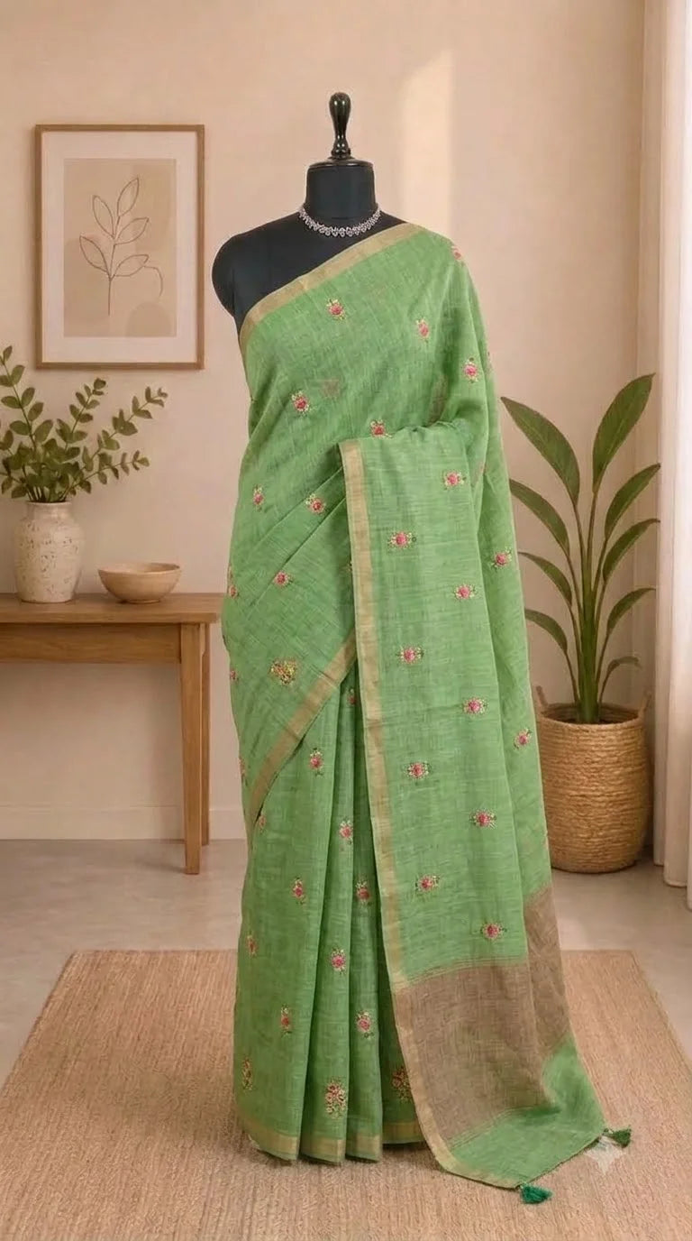 Spring Green Linen Saree 