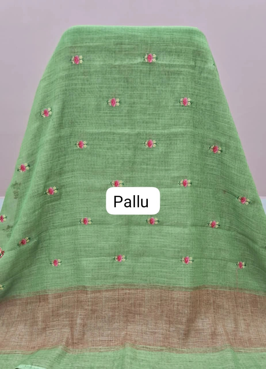 Spring Green Linen Saree pallu
