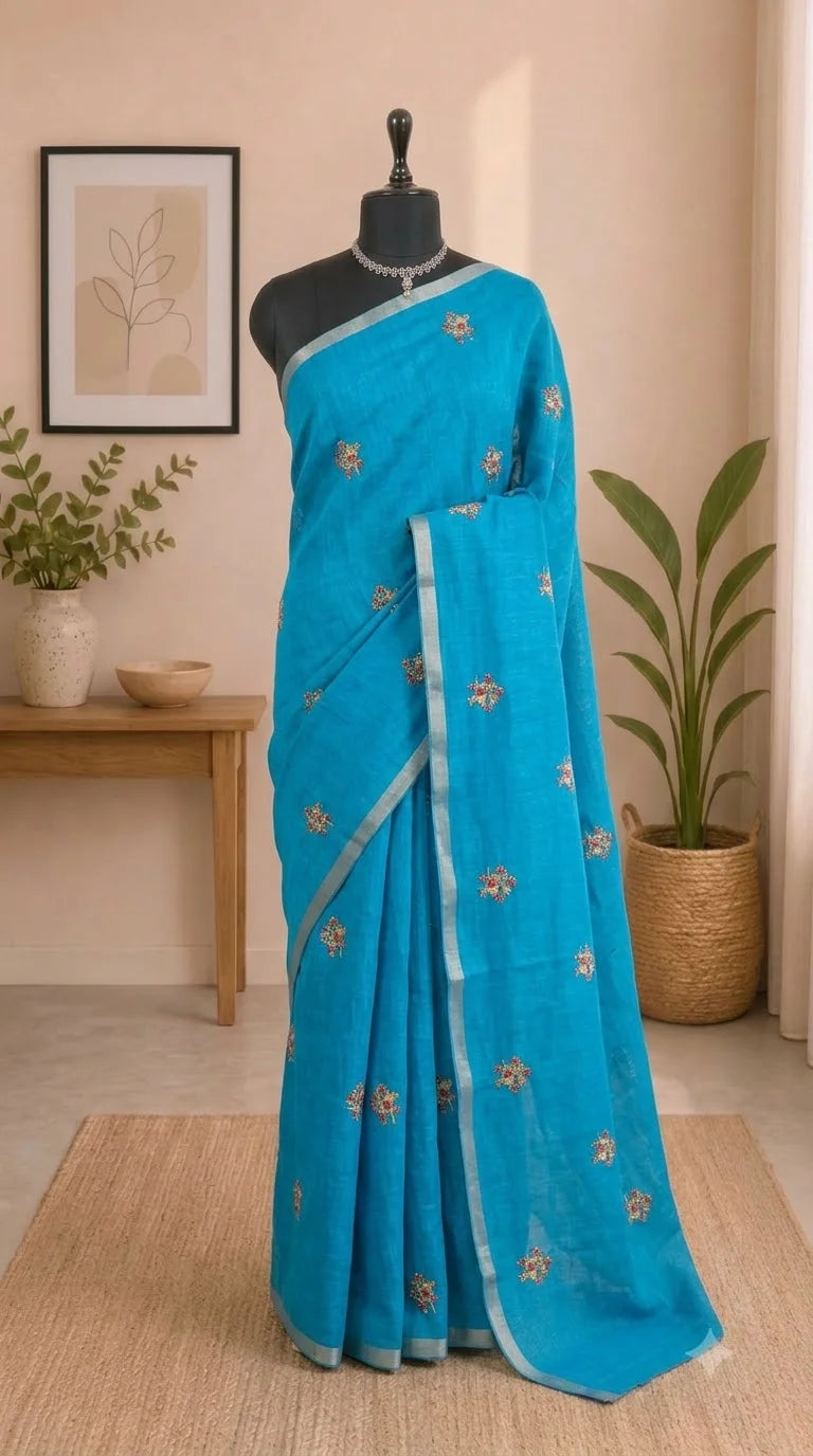 Ocean Blue Linen Saree 