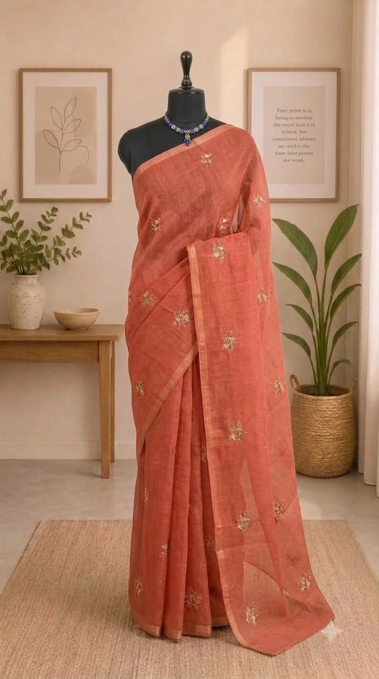 Rust Orange Linen Saree 