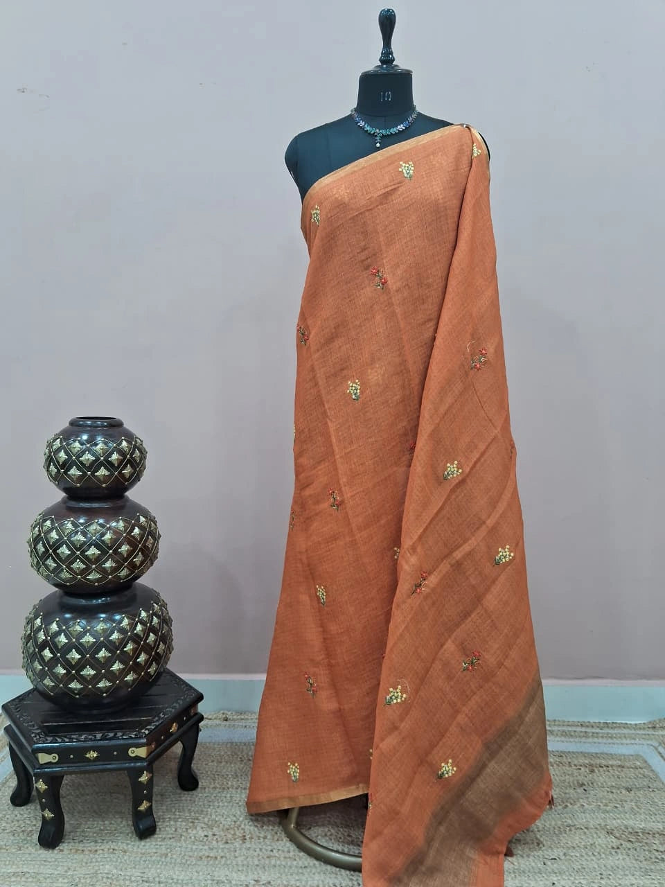 Burnt Orange Linen Saree 