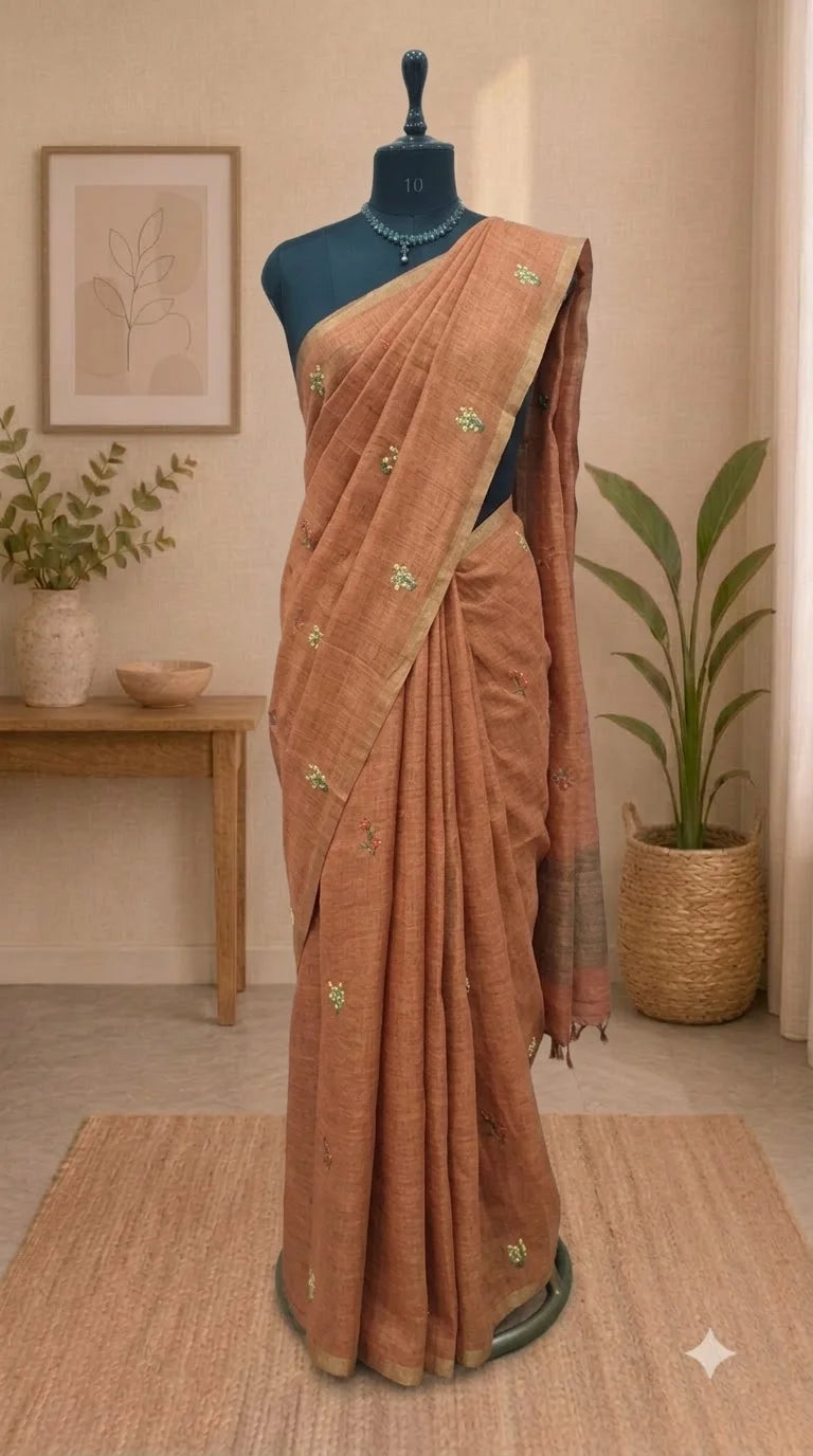 Burnt Orange Linen Saree 