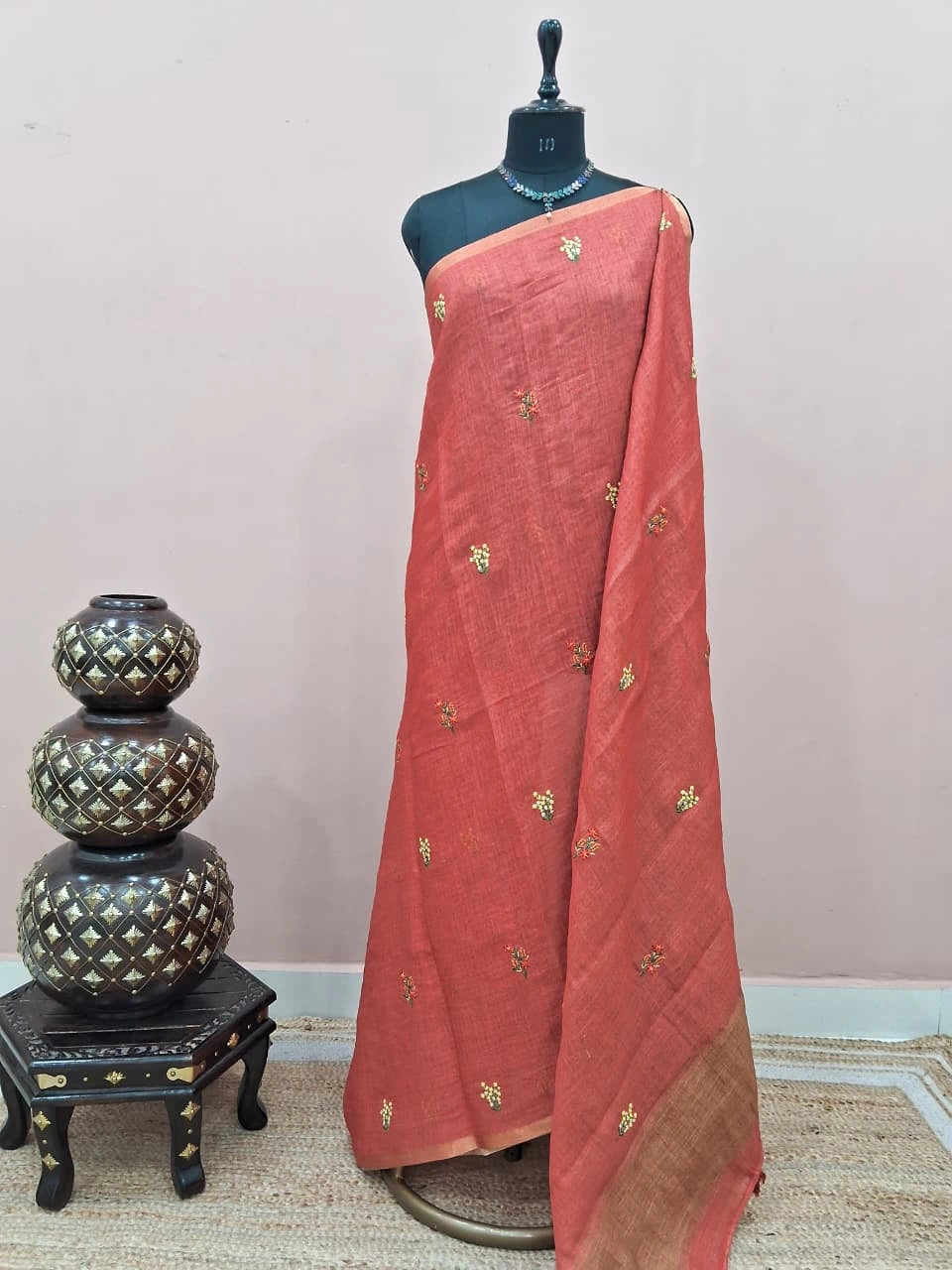 Dark Peach Linen Saree 