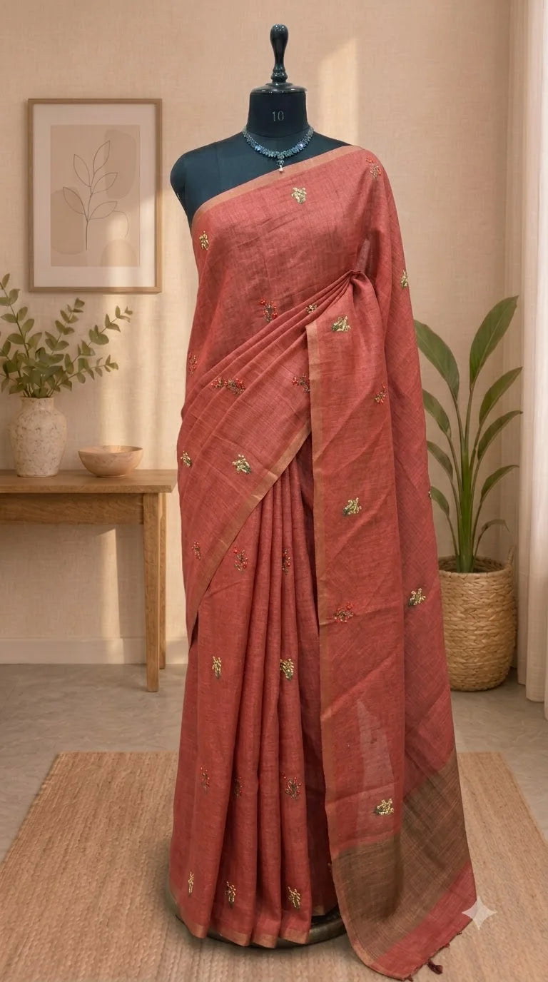 Dark Peach Linen Saree 
