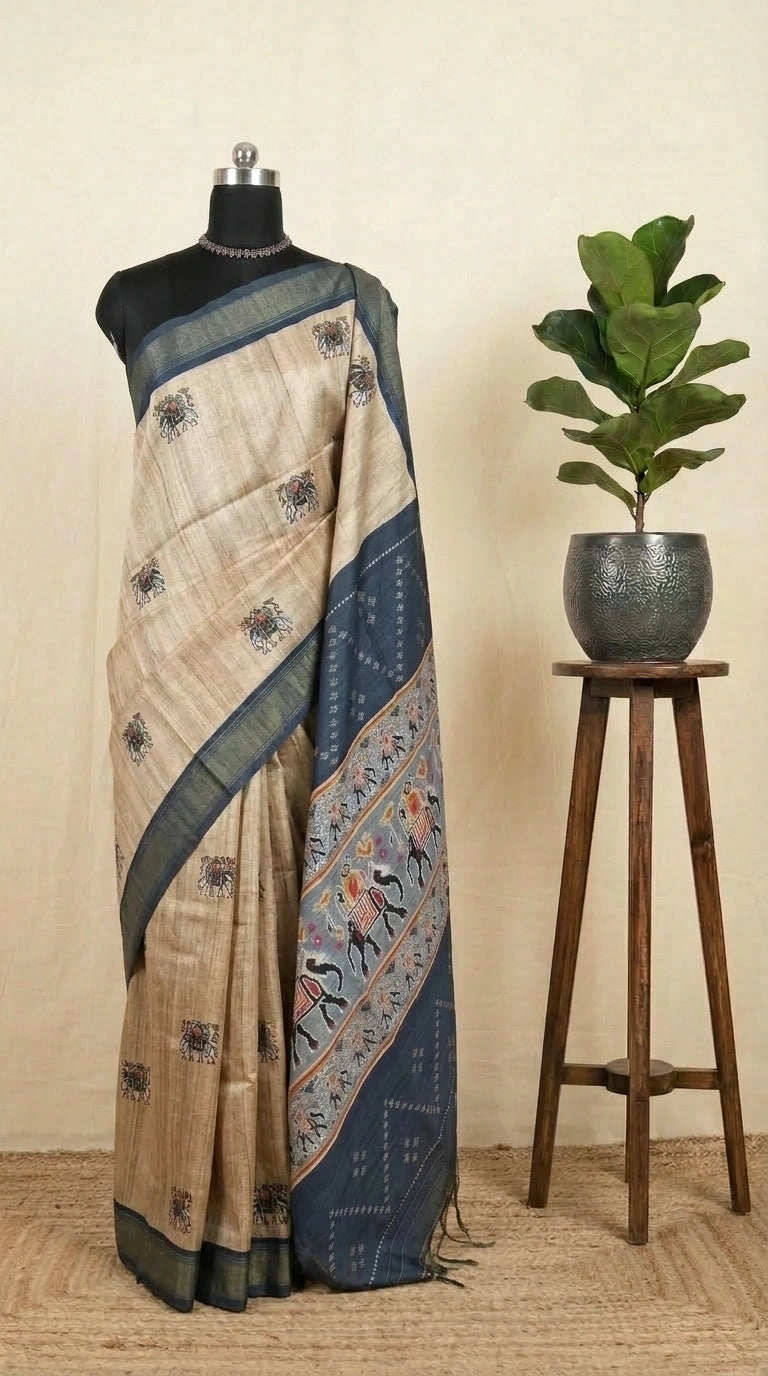 TS024401 Elegant Beige Semi Tussar Saree