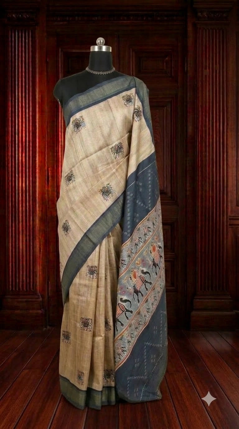 Elegant Beige Semi Tussar Saree